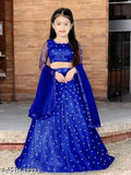 Embroidered satin kids lahanga choli with long sleeves and net dupatta, Indian traditional outfit for girls aged 3-15 years