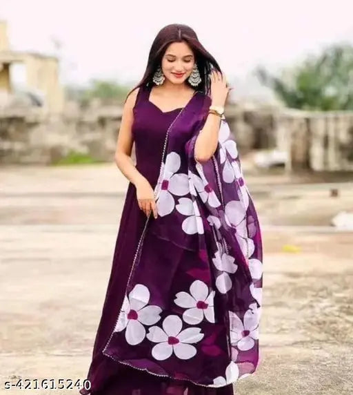 Sleeveless Georgette Anarkali gown with dupatta in solid color, Indian bridal wear on mannequin
