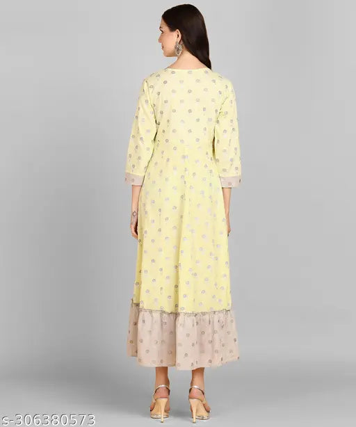 Light yellow A-Line Kurta with three-quarter sleeves and Zari work, Adhisa women's polyester cotton blend