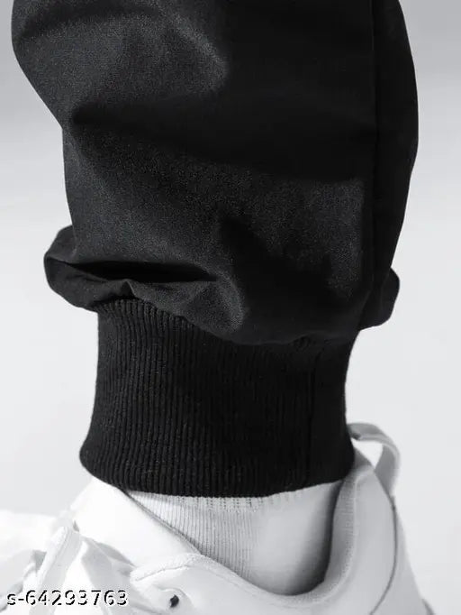 Black cotton cargo pants with patch detail and elastic waist drawstring for men