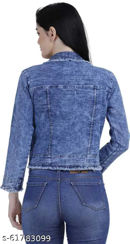 Denim jackets for girls, solid color, long sleeves, size options: S, M, L, XL. Women's denim jacket on hanger, made in India