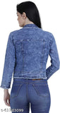 Denim jackets for girls, solid color, long sleeves, size options: S, M, L, XL. Women's denim jacket on hanger, made in India
