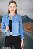 Denim waistcoat for women, solid-colored long sleeve jacket, size L (bust 38in, length 21in), made in India