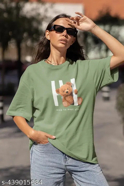Light green cotton crew neck oversized t-shirt with bear graphic on front