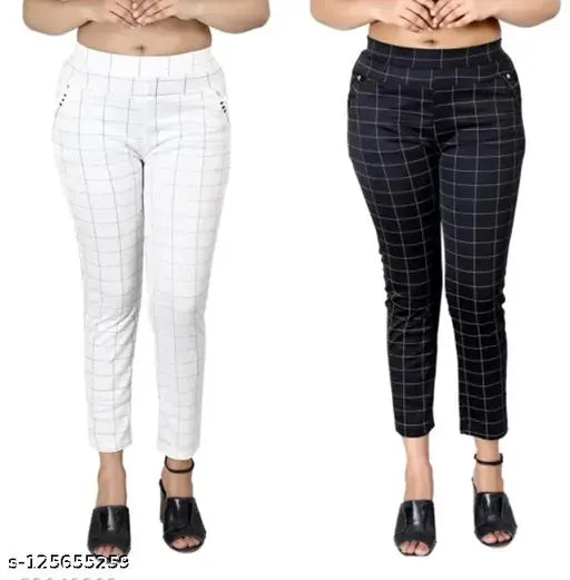 Trendy white-and-black striped cotton blend check pant combo for girls, stylish and comfortable, size options include 28in/38in and 30in/38in