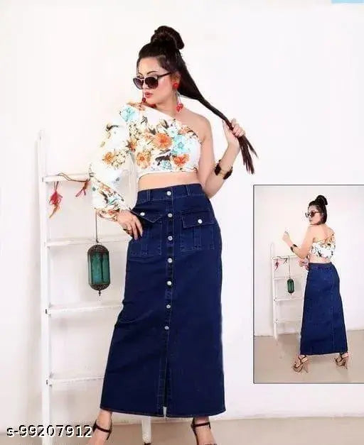 Black denim long skirt with high waist and flared hem