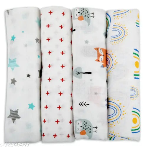 Organic cotton muslin swaddler set (4 pcs Star-Plus-Fox-Rainbow), ideal for newborn babies, versatile for burp cloths, blankets, nursing covers, and more. Premium quality, breathable, ultra-soft, and anti-allergic. Made in India