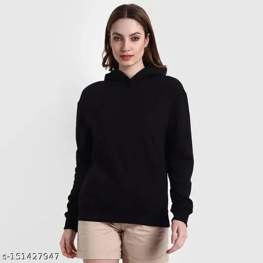 Black cotton women's solid full-sleeve round neck hoodie by LARSSST, featuring hood and pockets, available in sizes S-XXL from India