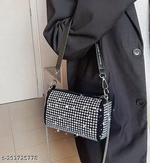 Imported rhinestone PU baguete sling bag, printed net design, free size (16in x 7in x 12in), luxury designer bag from China