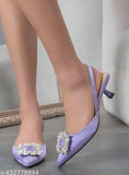 Purple satin kitten heels with rhinestone decoration and ankle strap charm