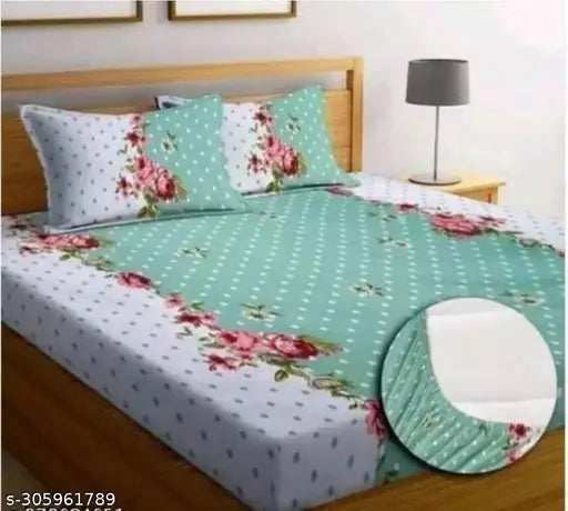 Cotton floral fitted bedsheet and 2 pillow covers (Queen size, S_R Enterprises) for summer, 320 thread count, elastic border for firm fit