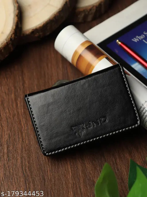 Black PU card holder, JnD Men's/Women's free size business card organizer with magnetic closure, solid design for carrying visiting cards, debit/credit cards, and IDs. Made in India
