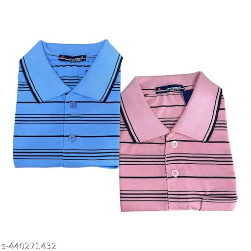 Stylish cotton striped half-sleeve polo shirt for men, short sleeves, multiple sizes available