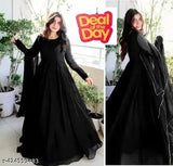 Black georgette maxi anarkali wedding gown with dupatta, solid color, long sleeves, suitable for parties or engagements. Indian design, available in sizes S-XXL