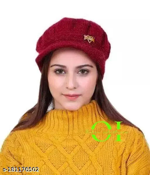 Women's knit winter hat, warm soft wool, red trim, multiple colors