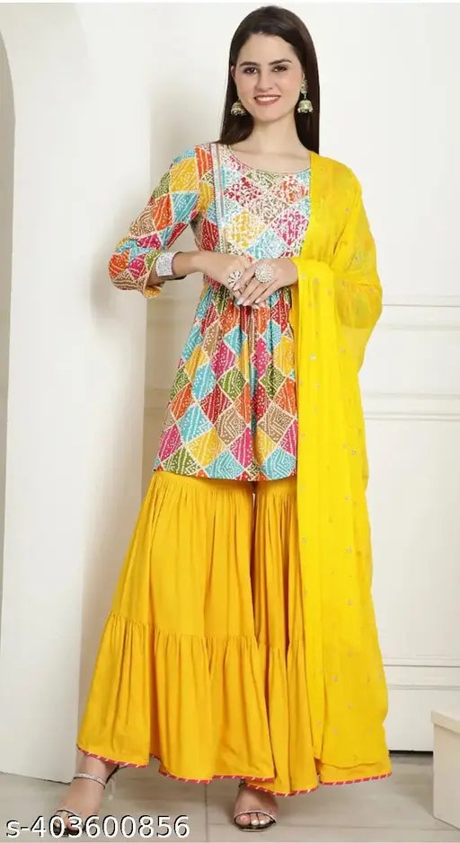 Yellow kurta with bandhani print, long sleeves and full length
