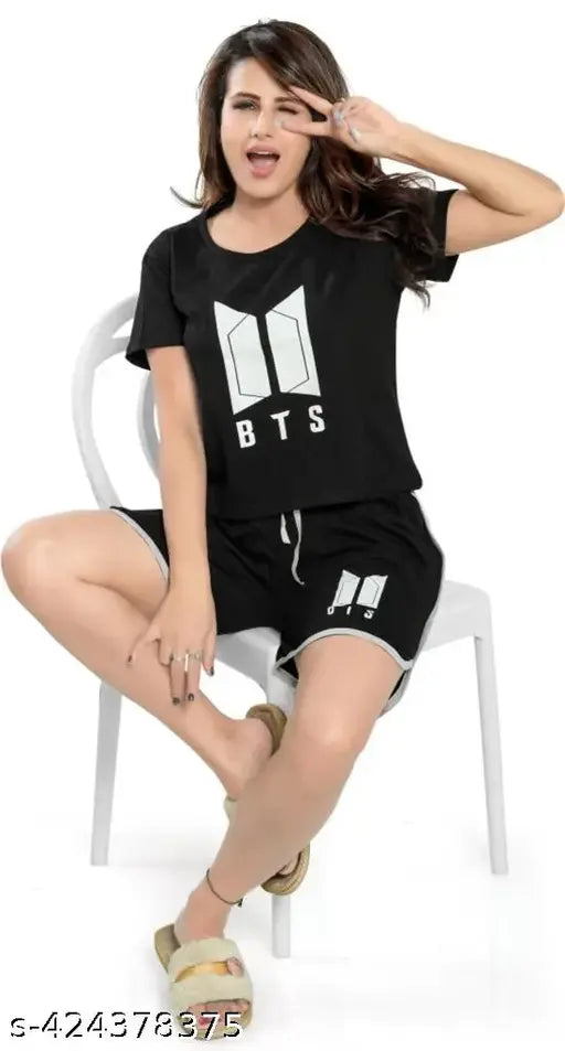 Black color BTS print nightsuit, hoisery cotton T-shirt and shorts with short sleeves, printed net design for kids' fashion, multiple sizes available from 9-10 to 15-16 years