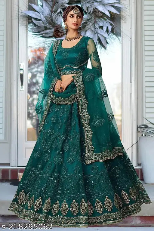 Trendy designer chain-work Lehenga choli, net fabric with heavy stone and thread embroidery, free size (44 in waist, 44 in length, 2.3 m dupatta), Indian origin