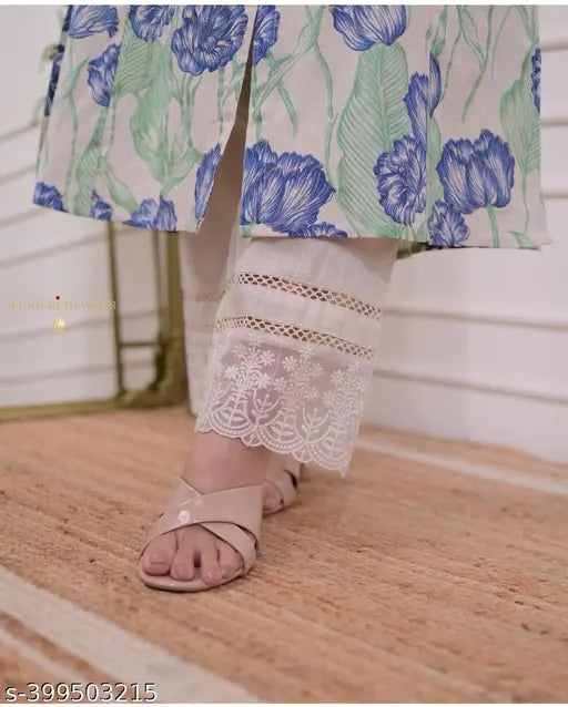 Blue rayon printed kurti set with dupatta and pants, three-quarter sleeves on a mannequin