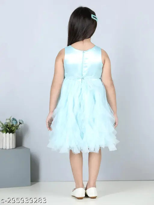 Sky blue net knee length dress for girls party wear, single size 1-2 years, India origin