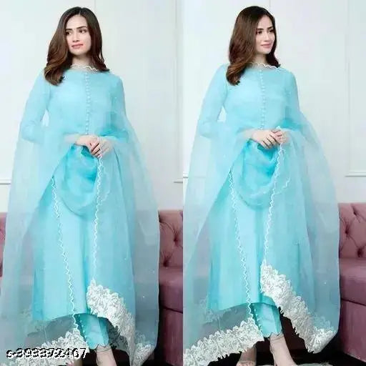 Blue, embroidered kameez with matching dupatta