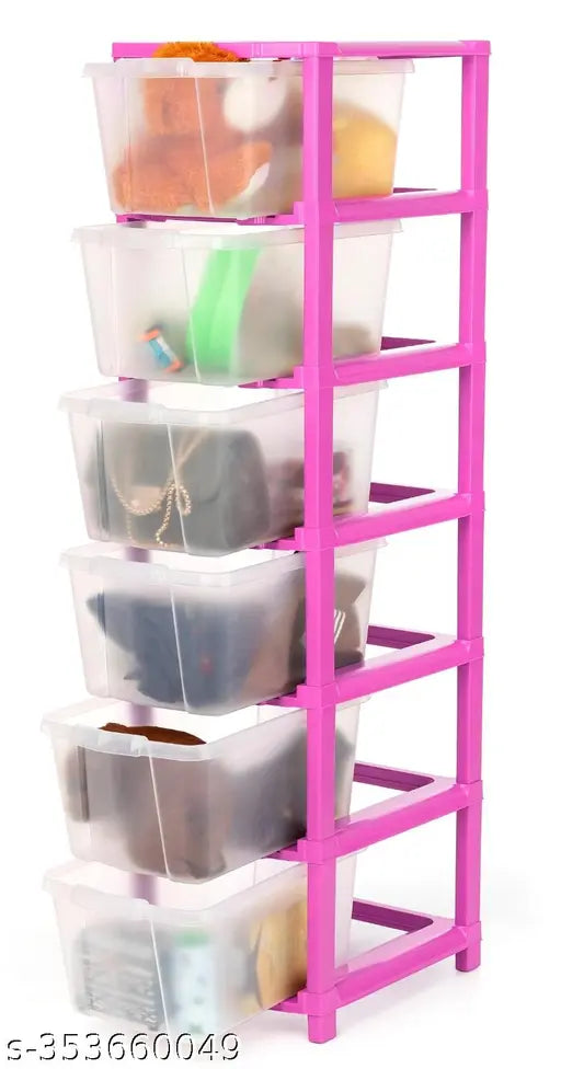 Six-tier transparent pink kitchen storage organizer system with clear plastic containers. Ideal for home use, includes a total of 24 storage compartments, 1500ml capacity