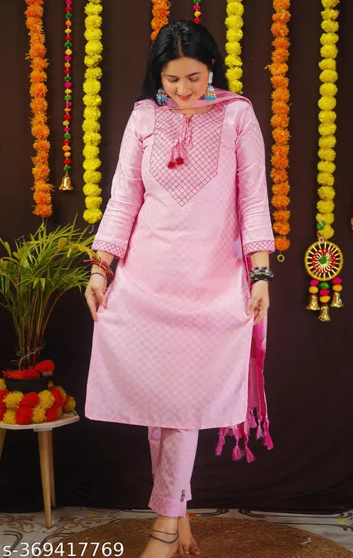 Embroidered cotton kurti set with dupatta and pants, three-quarter sleeves, various sizes available (Indian embroidered cotton attire)