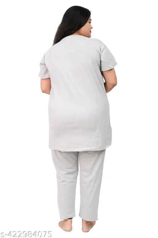 Cotton blend night suit set for plus size women, printed pattern top with short sleeves and elastic waist bottom with pockets