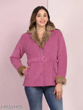 Pink velvet winter coat jacket, long sleeves, fur collar and sleeves, Dimpy Garments brand, machine washable