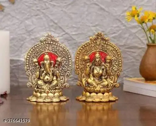 Metal Ganesh Laxmi idols on lotus flower set, Indian decor for Vastu, home, office gifting. Size: L-B-H 11x8x15 cm (2 pieces)