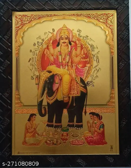 Gold-foiled Synthetic Resin Indoor Photo Frame, 9x12 inches - Indian Lord Vishwakarma deity portrait