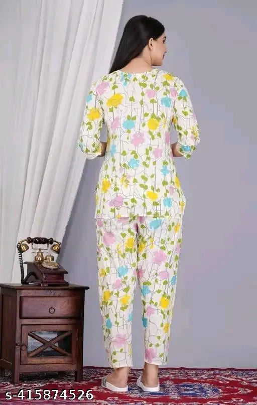 Multicolor cotton printed women's night suit top & pyjama coord set, comfortable and stylish sleepwear