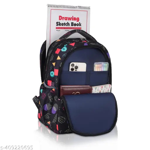 Black water-resistant polyester school backpack for girls, 18 inch. High storage, perfect for school/college use