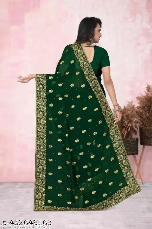 Green georgette saree with intricate embroidery and full stone patti design