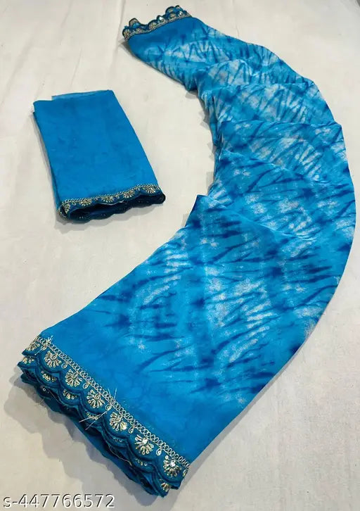 Georgette designer saree in royal blue with intricate paisley pattern, 9 yards long