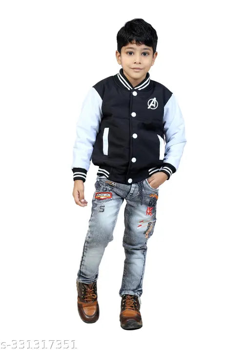 Ribbed kids jacket with hood, denim sleeves