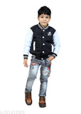 Ribbed kids jacket with hood, denim sleeves