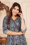Women's trendy embroidered Anarkali kurta, black and white pattern, sleeveless with neckline detailing