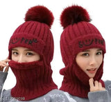 Maroon woolen faux fur pom-pom winter hat for women, with face mask feature