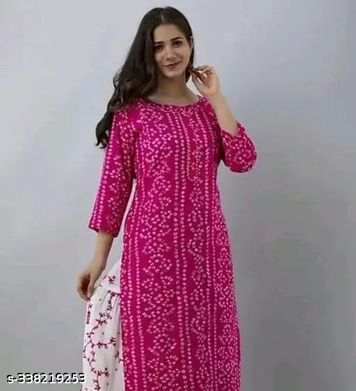 Viscose Rayon Bandhej Printed Straight Kurta with Palazzos - Women's fashionable and comfortable set in India, three-quarter sleeves, lightweight and soft for skin