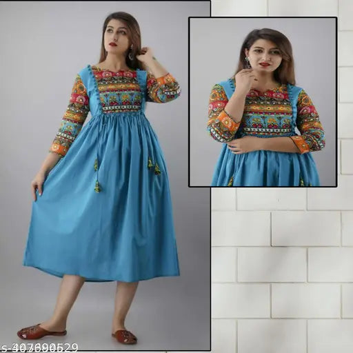 Blue rayon Anarkali kurti, three-quarter sleeves, solid design for women's summer wear, India origin