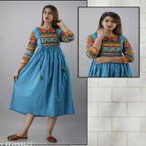 Blue rayon Anarkali kurti, three-quarter sleeves, solid design for women's summer wear, India origin