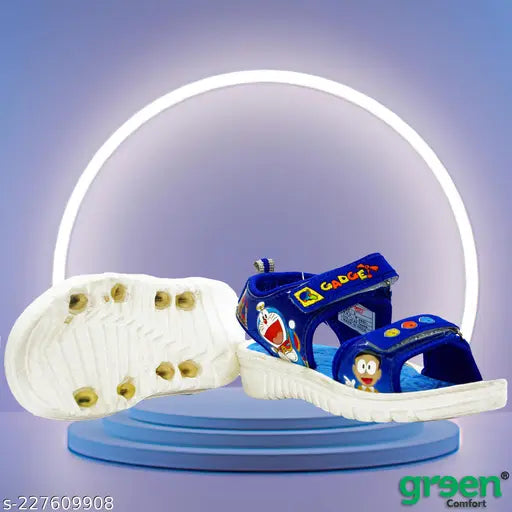 Black and blue sandals, featuring a Doremon design with wheels on the bottom