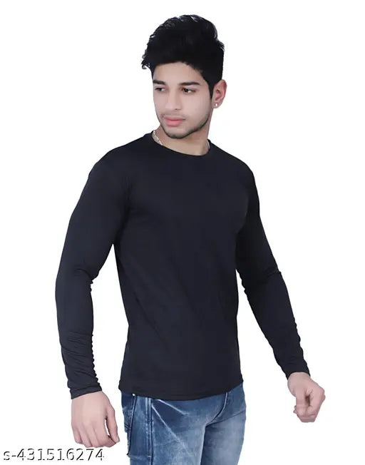 Black polyester men's round neck solid pattern T-shirt, full sleeves, sizes: S-XL