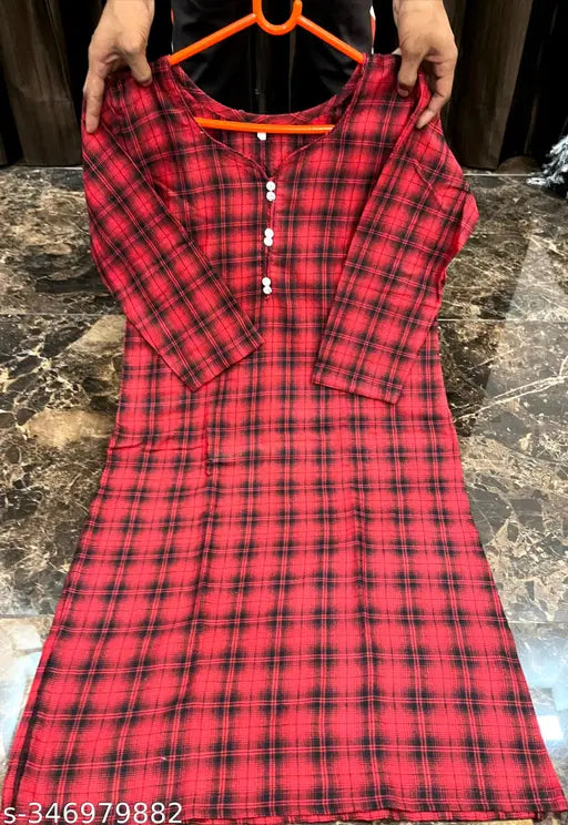 Red and black plaid woven kurta for women, long sleeves, button front closure