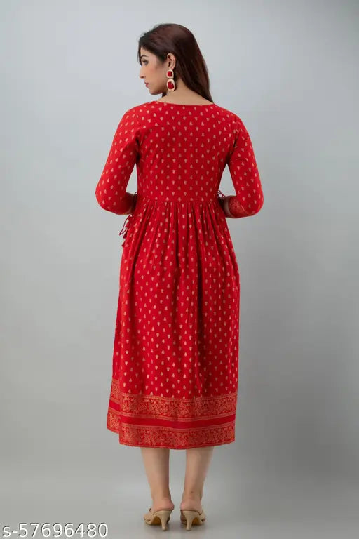Gold print anarkali dress with long sleeves