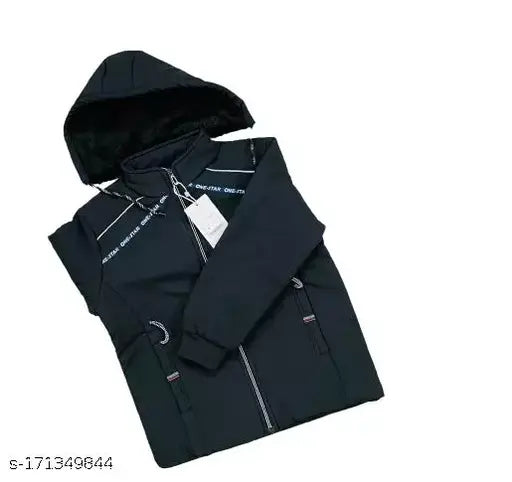 Dark blue jacket with a hood and branding visible on the chest