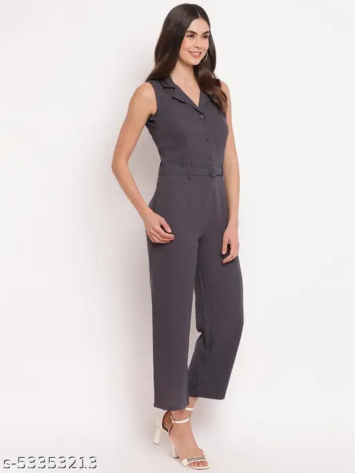 Grey polyester sleeveless partywear jumpsuit by Mayra, ideal for formal events