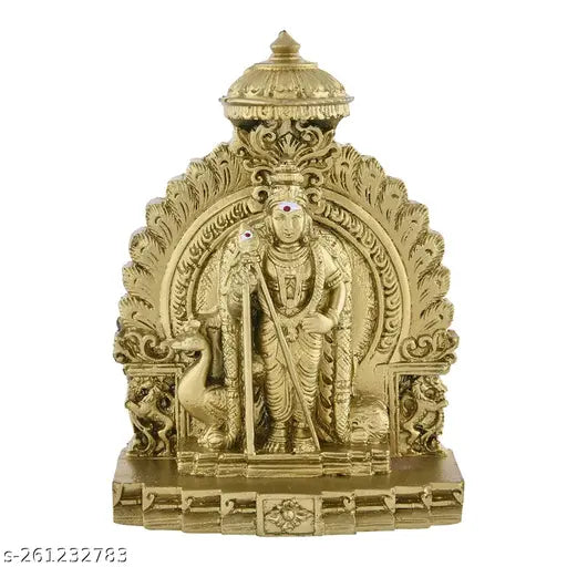 Golden synthetic resin Murugan statue, intricately detailed with vel peacock Senthilnathar Idol, 10cm long, 13cm high, 3.5cm wide (Indian-made)