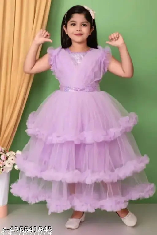 Purple tulle princess party dress for girls, embellished with floral lace trim